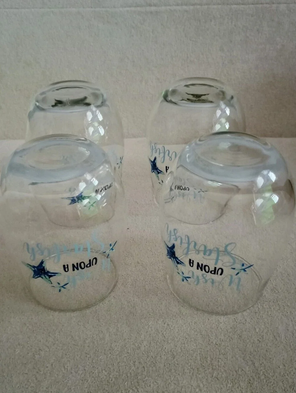 Wish Upon A Starfish Set of 4 Clear Glass Tumbler Glasses Blue Design